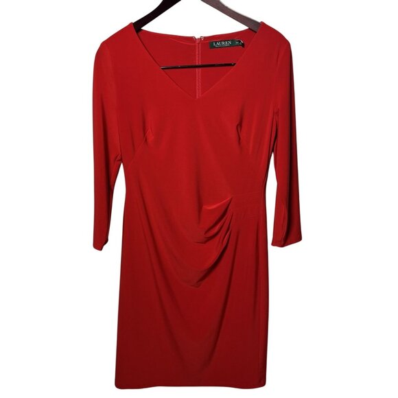 Lauren Ralph Lauren Red Dress 8P Petite Sheath Ruched V-Neck Porsche Chic Look - Picture 1 of 6